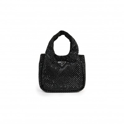 PRADA BLACK SATIN CRYSTAL TOP HANDLE MINI TOTE BAG 1BA349 (18*16*10cm) 